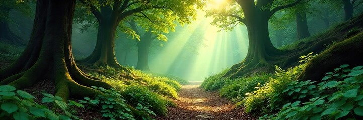 Sun-Dappled Forest Path Tranquil Scene of Ancient Trees, Mossy Rocks, and Lush Ferns