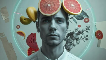 Staring man wearing white shirt facing camera in studio with floating fruit and glowing interface - Powered by Adobe