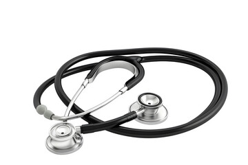 Silver stethoscope with black rubber tubing Textured surface detail and diagonal angle and bright background. Perfect for e‑commerce listings and product catalogs. High resolution and print ready.