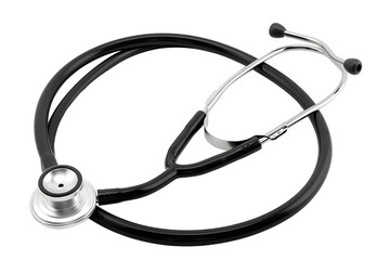 Silver stethoscope with black rubber tubing Realistic material texture and overhead shot and seamless backdrop. Great for advertising campaigns and marketing materials. High resolution and print read