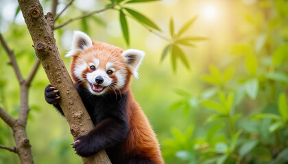 Red panda climbing a tree and smiling in a green forest  