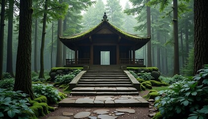 Serene Japanese Pavilion in a Misty Forest