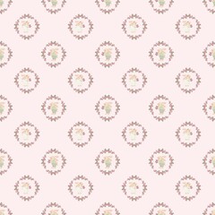 Seamless pastel pattern with cute bunnies and lambs in floral wreaths. Soft pink background creates a tender, baby-themed design perfect for nursery textiles or children’s products.