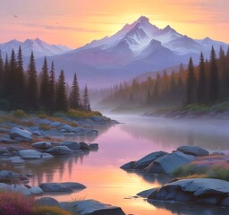 Obraz premium Illustration sunrise landscape in pastel colors.