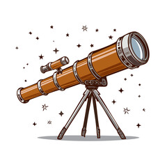Illustration of telescope on tripod against black star speckled backdrop stargazing astronomy science exploration observation