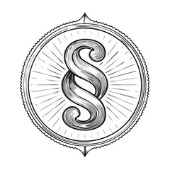 Obraz premium Paragraph symbol illustration in elegant round badge with sunburst pattern legal rights protection concept law and order symbol