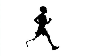 Obraz premium Amputee Athlete Running Silhouette. A black silhouette of an amputee athlete running with a prosthetic leg against a white background.