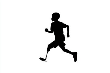 Fototapeta premium Amputee Athlete Silhouette Running. Black silhouette of an amputee athlete running on a white background, showcasing determination and sportsmanship.