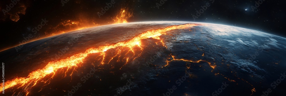 Poster Seismic waves are causing a massive earthquake, creating deep fault lines on a planet's surface and triggering a magma eruption, highlighting the powerful forces of nature at play