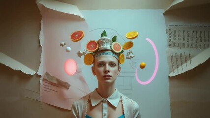 From first frame floating citrus slices orbiting vase headpiece on model in pink top in studio - Powered by Adobe