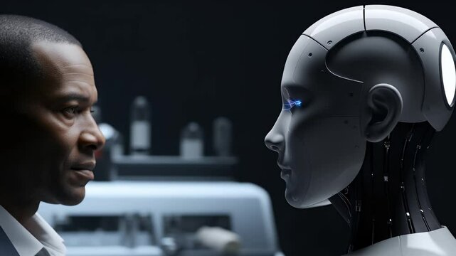 Thoughtful man and futuristic robot head facing forward in profile view illustrates innovation and technology