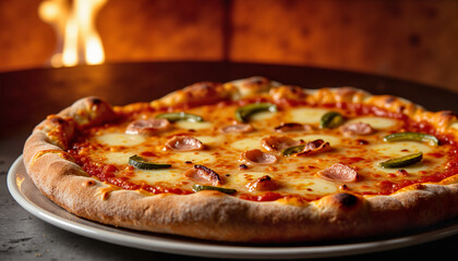 Freshly baked pizza with cheese and toppings on a wooden table  