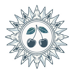 Fototapeta premium Stylized Cherries Surrounded by Ornate Circular Sunburst Design Illustration