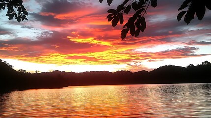 Tranquil lake reflecting vibrant sunset hues with silhouette of foliage creating a serene