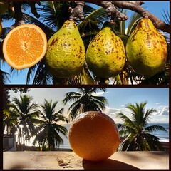 Tropical Delight: A vibrant collage of exotic fruits and serene coastal scenery, showcasing