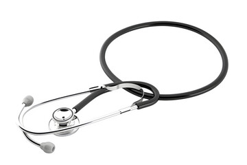 Silver stethoscope with black rubber tubing Side view and clean white background and glossy finish. Great for advertising campaigns and marketing materials. High resolution and print ready.