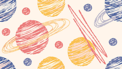 Abstract space themed background with planets rings and lines in pastel colors and sketch style