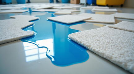 Water Spill on Floor with Carpet Squares in an Indoor Environment