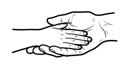 Father's hand holding a child's hand in a gesture of love and support in black and white line art style