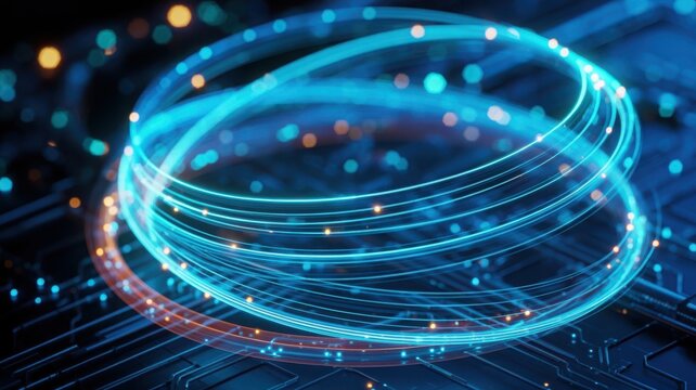 Glowing Circular Fiber Ring on Digital Grid