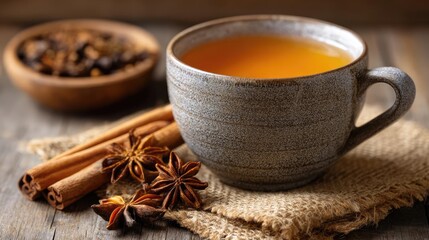 Obraz premium Anti inflammation concept. A warm cup of spiced tea with aromatic ingredients on a wooden table.