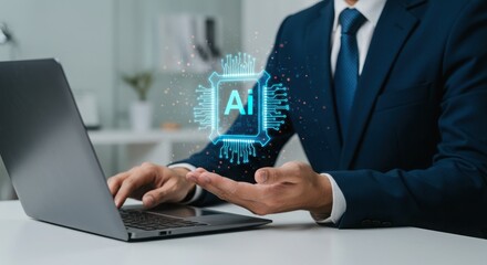 Fototapeta premium Man in suit using laptop with ai graphic overlay on hand at desk space