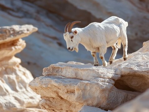 White goat navigating rocky terrain in a desert landscape under clear blue sky - Powered by Adobe