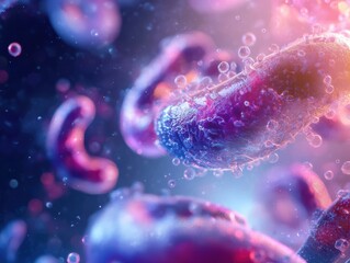 Colorful microscopic view of bacteria in a liquid environment showcasing cellular shapes and textures