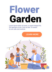 Flower garden family gardening together outdoor plants people potted trees string lights casual clothing pastel colors website banner