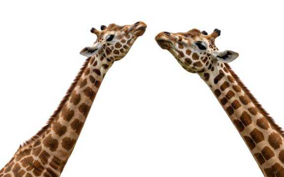 Giraffe neck stretching upward, head tilted, white background, ultra-clear image