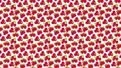 A repeated pattern of red raspberries with green leaves on a white background in a seamless design