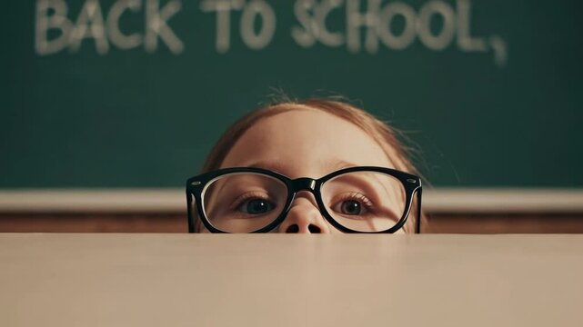 Young elementary schoolgirl wearing glasses peeking curiously over classroom desk, back to school message written on chalkboard behind her, capturing first day of school atmosphere