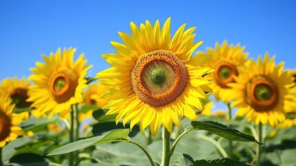 Fototapeta premium Bright sunflowers against a clear sky