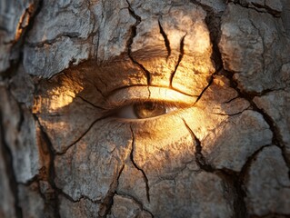 Obraz premium Unique close-up of a human eye within a tree trunk displaying intricate textures and lighting during golden hour