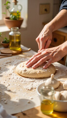 Hands kneading dough on kitchen counter with olive oil and herbs  
