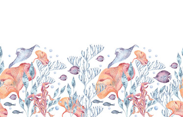 Bright watercolor underwater repeated background of seaweeds and tropical plants in orange and blue tones isolated. Hand drawn marine botanical seamless banner for coastal designs, tropical pattern.