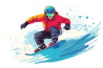 Snowboarder in red jacket and helmet riding on snowboard, A snowboarder wearing a red jacket and helmet glides down a snowy hill on their snowboard