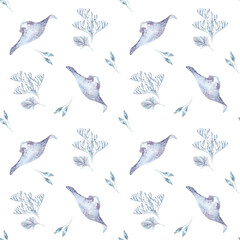 Monochrome sea life watercolor seamless pattern of stingrays, kelp in pastel blues and gray tones. Coral reefs and fishes hand drawn on repeated texture for packaging, nursery textile, baby prints.