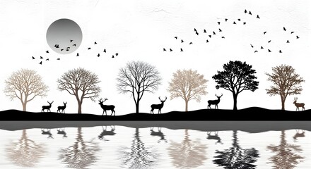 Black and white nature landscape silhouette with deer trees birds and moon reflection wallpaper