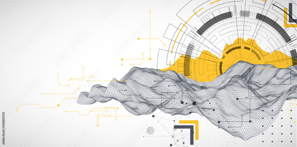 Poster Abstract data background with wireframe wave and circuit lines. Technology concept. Vector