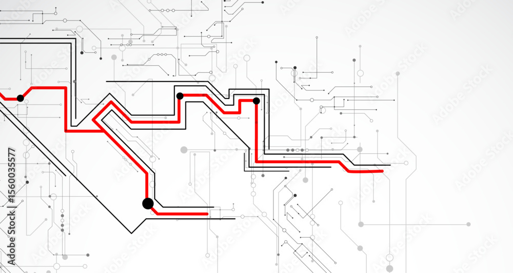 Poster Digital circuit visualization vector background. Pattern with interconnected lines, nodes.