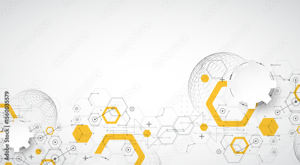 Poster Science and technology background using hexagon and sphere shapes. Vector.