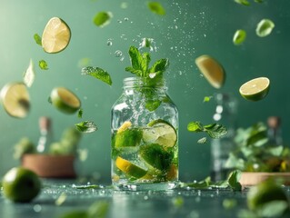 Refreshing citrus drink with mint floating in water on a green background