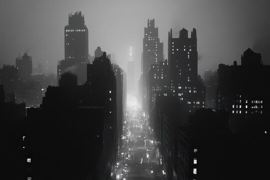 Somber dystopian gotham city at night. city at night, Nighttime view of a bleak Gotham City, featuring shadowy skyscrapers and a foreboding sky, evoking a dystopian mood