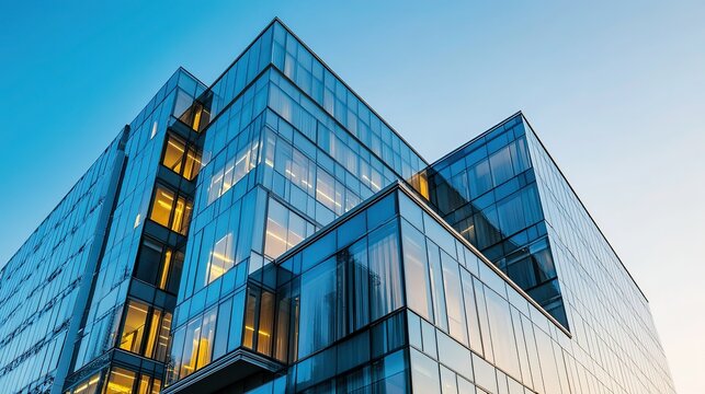 Low - angle shot of modern glass - curtain - wall office building under clear sky, with transparent glass and lights showcasing fashion and tech sense
