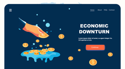 Naklejka premium Hand dropping coins into puddle financial crisis money loss dark blue background website banner template