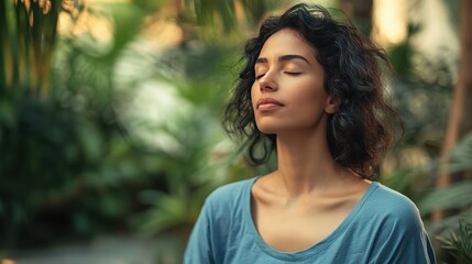 Woman in blue top meditating outdoors surrounded by green plants, creating peaceful and relaxing atmosphere