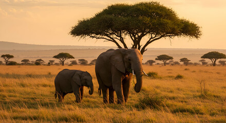 African elephants at sunset majestic wildlife family savannah grassland nature beauty wildlife photography wild animals african landscape tranquil serene peaceful golden hour