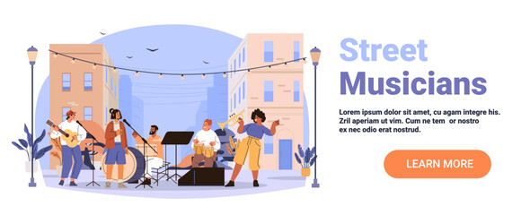 Street musicians band outdoor performance city buildings diverse group playing instruments evening lights urban background website banner