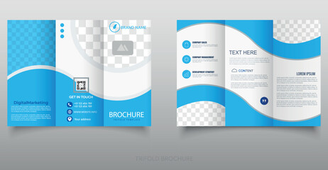 Modern Blue Trifold Brochure Template for Digital Marketing. Professional trifold brochure layout with modern blue design, wave elements, and placeholders for image and text.
